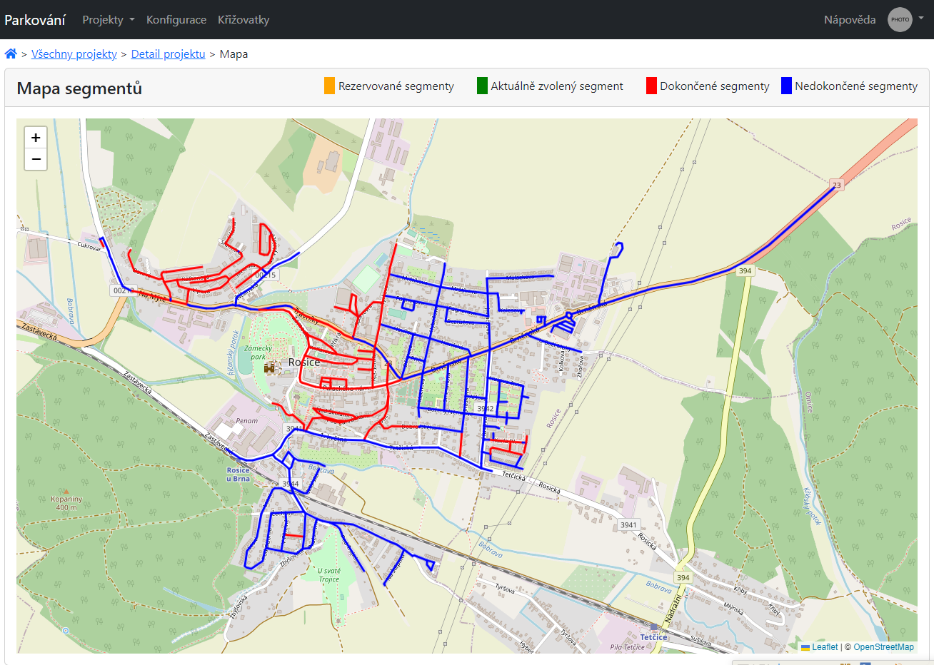 Detail mapy v aplikaci pro vyhodnocování parkování